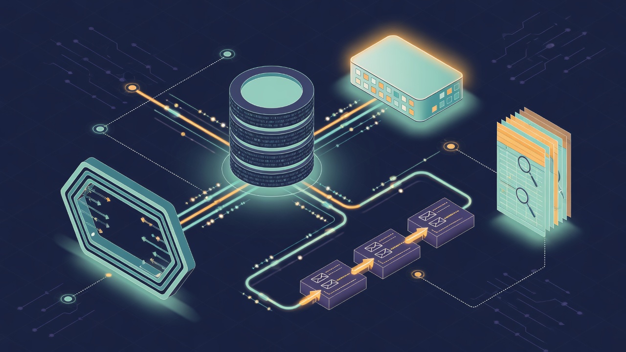 Abstract illustration of interconnected data system components